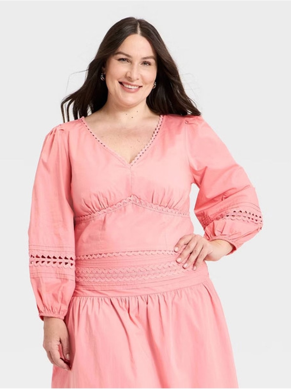 A New Day Mauve Pink Long Sleeve Eyelet Detail V-Neck Peasant Top